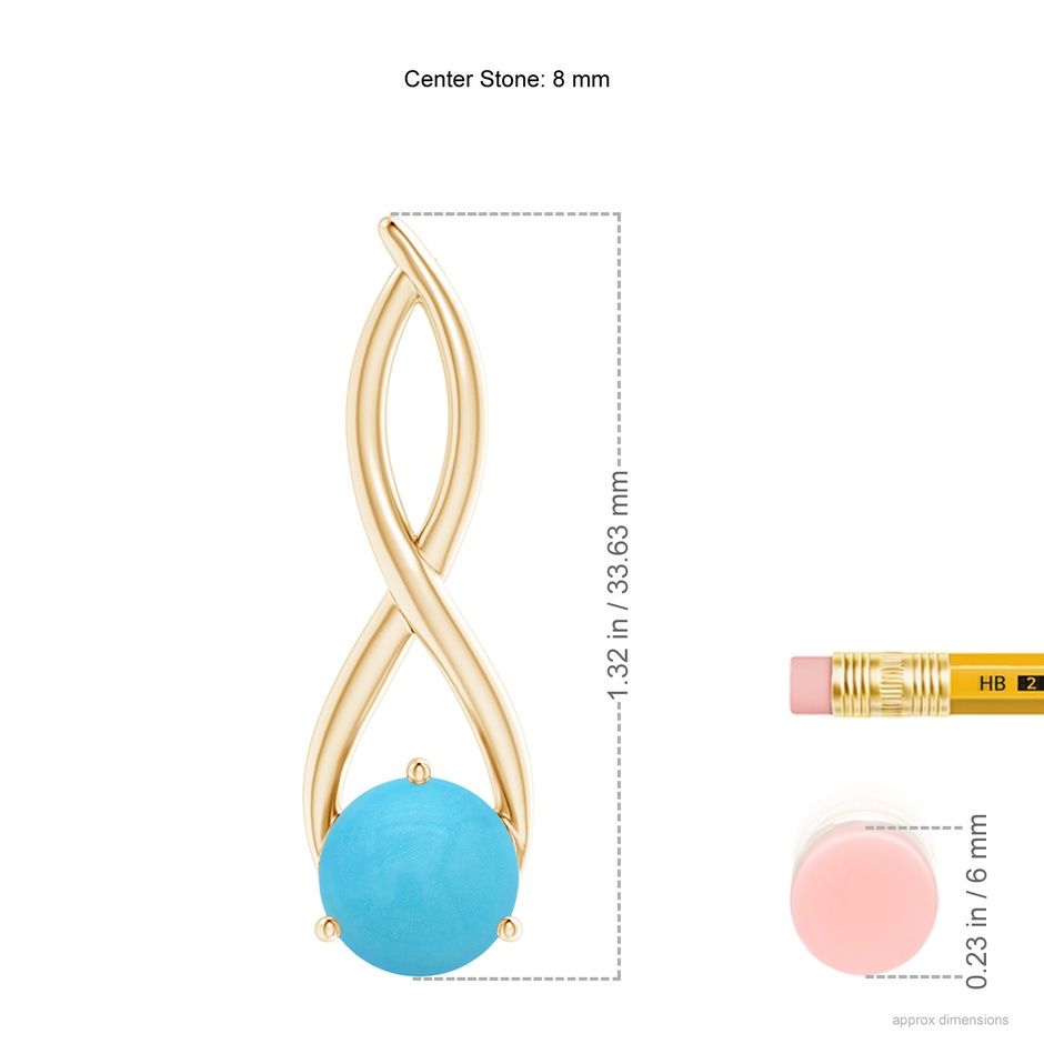 8mm AA Round Turquoise Infinity Twist Pendant in Yellow Gold ruler