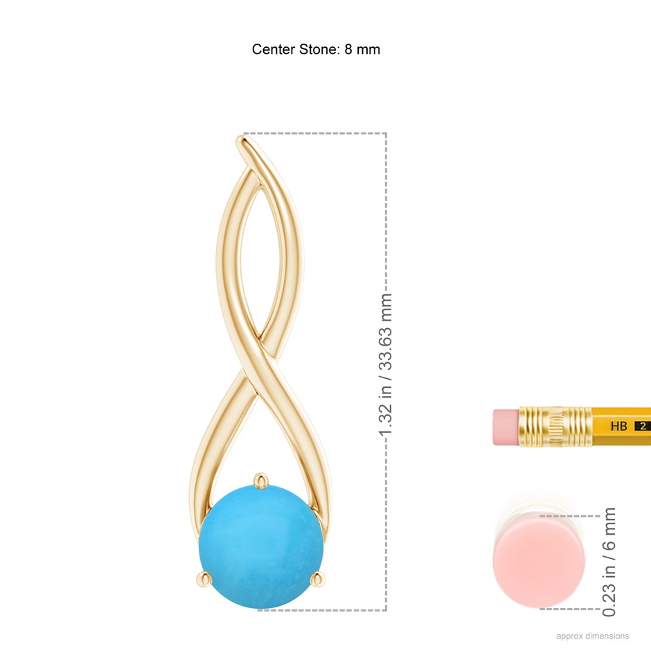 8mm AAA Round Turquoise Infinity Twist Pendant in Yellow Gold ruler