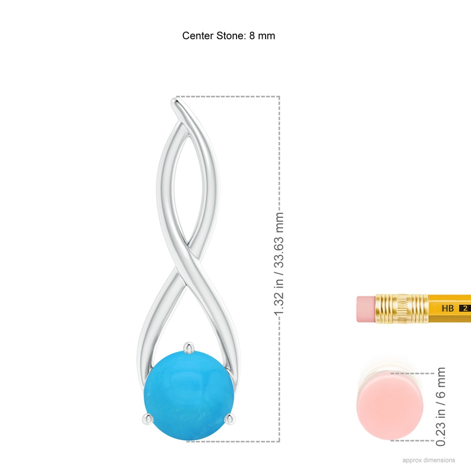 8mm AAAA Round Turquoise Infinity Twist Pendant in S999 Silver ruler