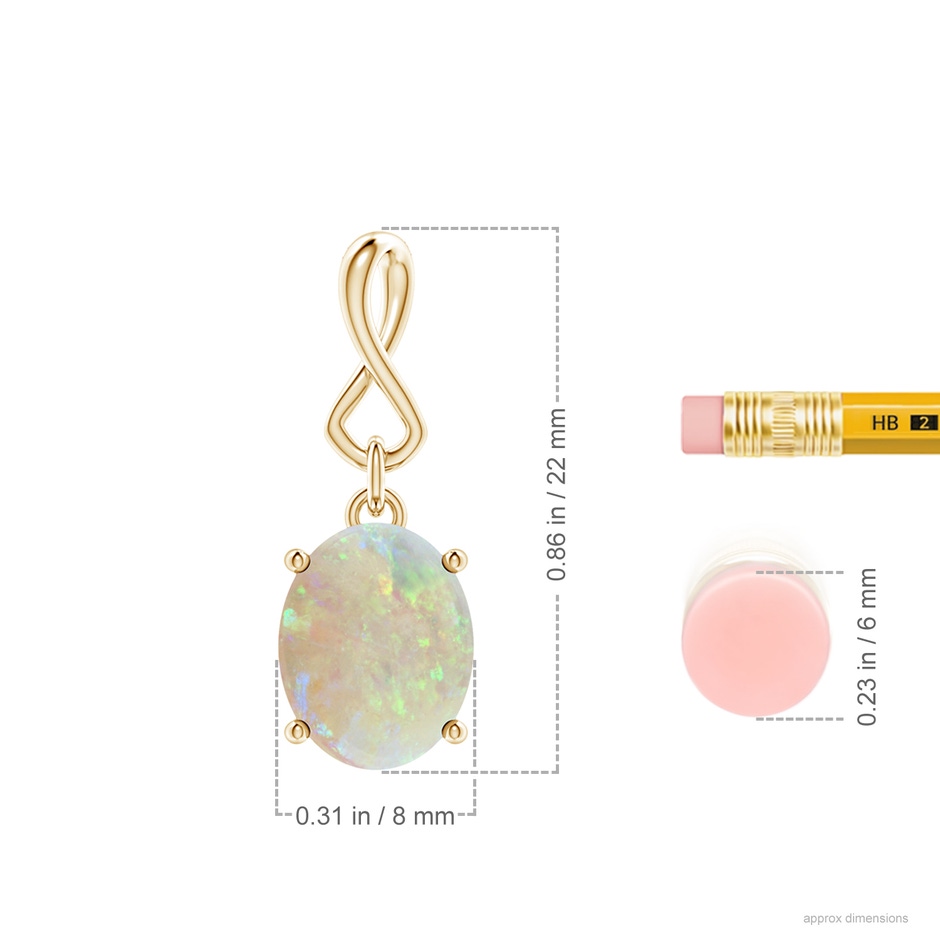 10x8mm AAA Oval Opal Dangle Pendant with Infinity Loop Bale in Yellow Gold ruler