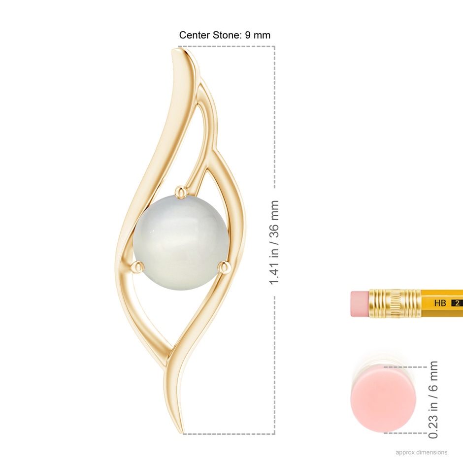 9mm AAA Moonstone Angel Wing Bypass Pendant in Yellow Gold ruler