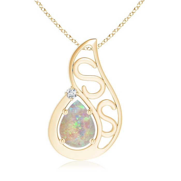 8x6mm AAAA Floating Solitaire Pear Opal Flame Pendant in Yellow Gold 