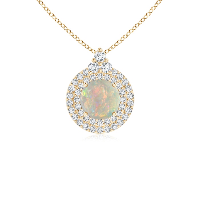 6mm AAAA Round Opal and Diamond Double Halo Pendant in Yellow Gold