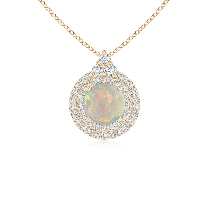 6mm AAAA Round Opal and Diamond Double Halo Pendant in Yellow Gold 