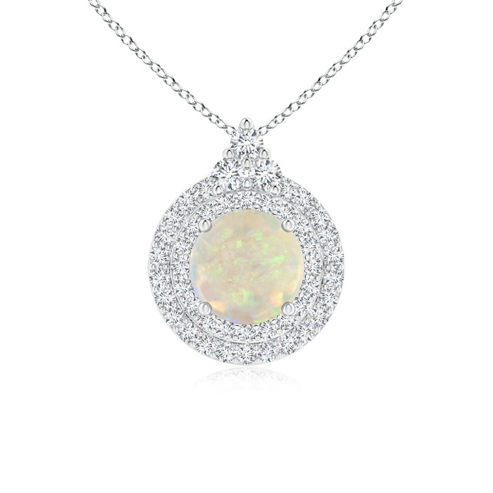 7mm AAA Round Opal and Diamond Double Halo Pendant in White Gold 