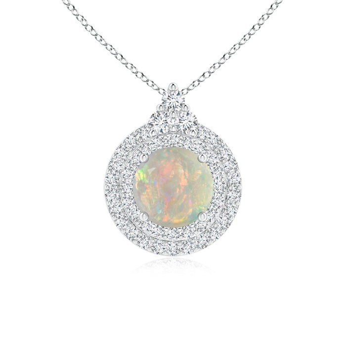 7mm AAAA Round Opal and Diamond Double Halo Pendant in White Gold 