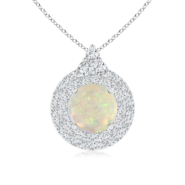 8mm AAA Round Opal and Diamond Double Halo Pendant in White Gold 