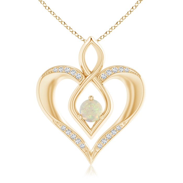 5mm AAA Opal Infinity Heart Pendant with Diamond Accents in Yellow Gold 