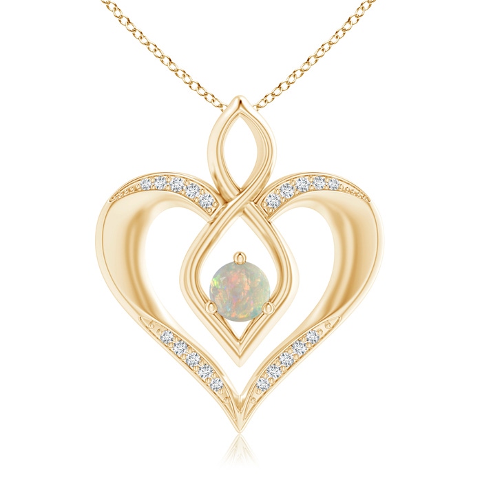 5mm AAAA Opal Infinity Heart Pendant with Diamond Accents in Yellow Gold