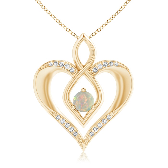 5mm AAAA Opal Infinity Heart Pendant with Diamond Accents in Yellow Gold 