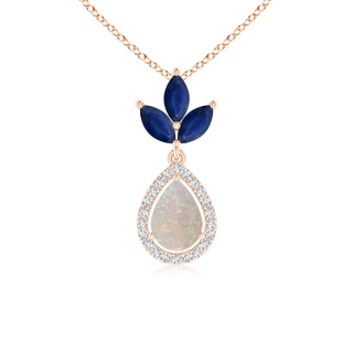 7x5mm AA Floating Opal and Diamond Halo Pendant with Sapphires in 9K Rose Gold