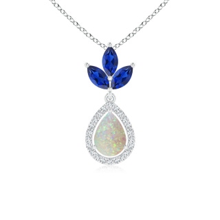 7x5mm AAA Floating Opal and Diamond Halo Pendant with Sapphires in White Gold