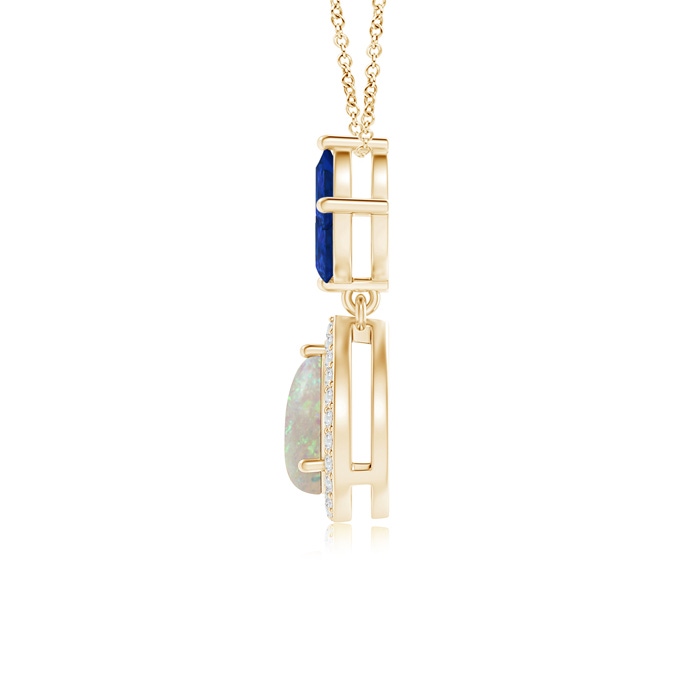 7x5mm AAA Floating Opal and Diamond Halo Pendant with Sapphires in Yellow Gold product image