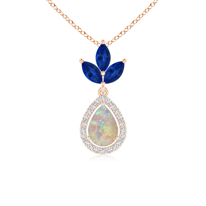 7x5mm AAAA Floating Opal and Diamond Halo Pendant with Sapphires in Rose Gold
