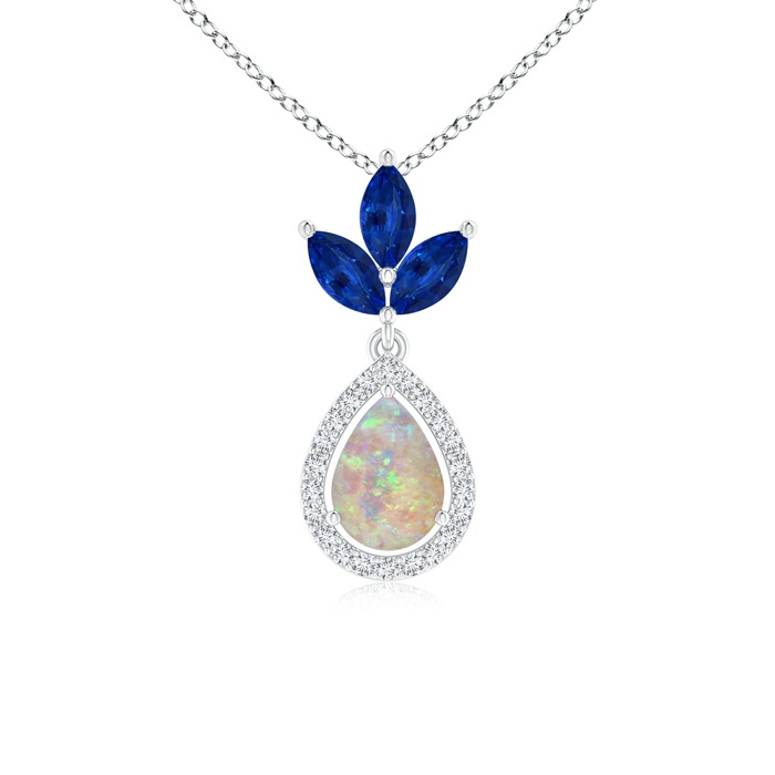 7x5mm AAAA Floating Opal and Diamond Halo Pendant with Sapphires in White Gold