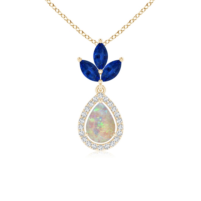 7x5mm AAAA Floating Opal and Diamond Halo Pendant with Sapphires in Yellow Gold