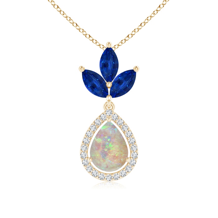 8x6mm AAAA Floating Opal and Diamond Halo Pendant with Sapphires in Yellow Gold 