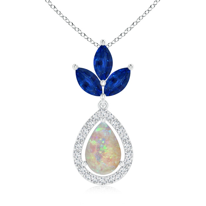 9x6mm AAAA Floating Opal and Diamond Halo Pendant with Sapphires in P950 Platinum 