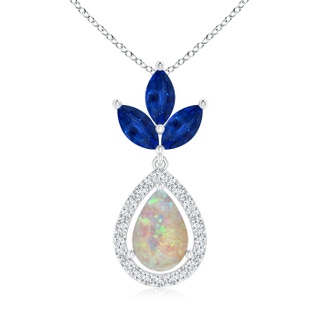 9x6mm AAAA Floating Opal and Diamond Halo Pendant with Sapphires in White Gold