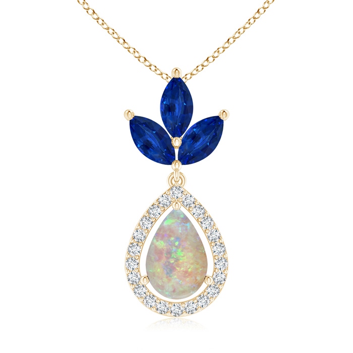 9x6mm AAAA Floating Opal and Diamond Halo Pendant with Sapphires in Yellow Gold 