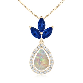 9x6mm AAAA Floating Opal and Diamond Halo Pendant with Sapphires in Yellow Gold