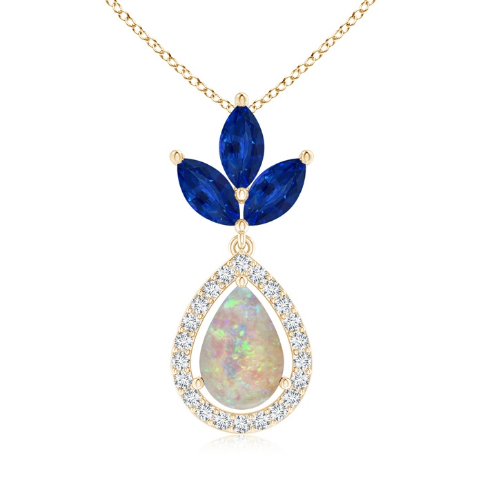 9x6mm AAAA Floating Opal and Diamond Halo Pendant with Sapphires in Yellow Gold