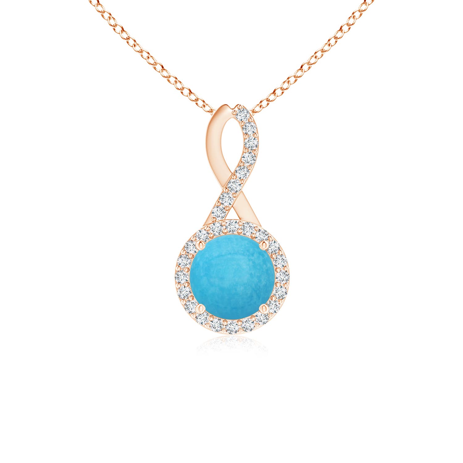 6mm A Infinity Round Turquoise and Diamond Halo Pendant in Rose Gold