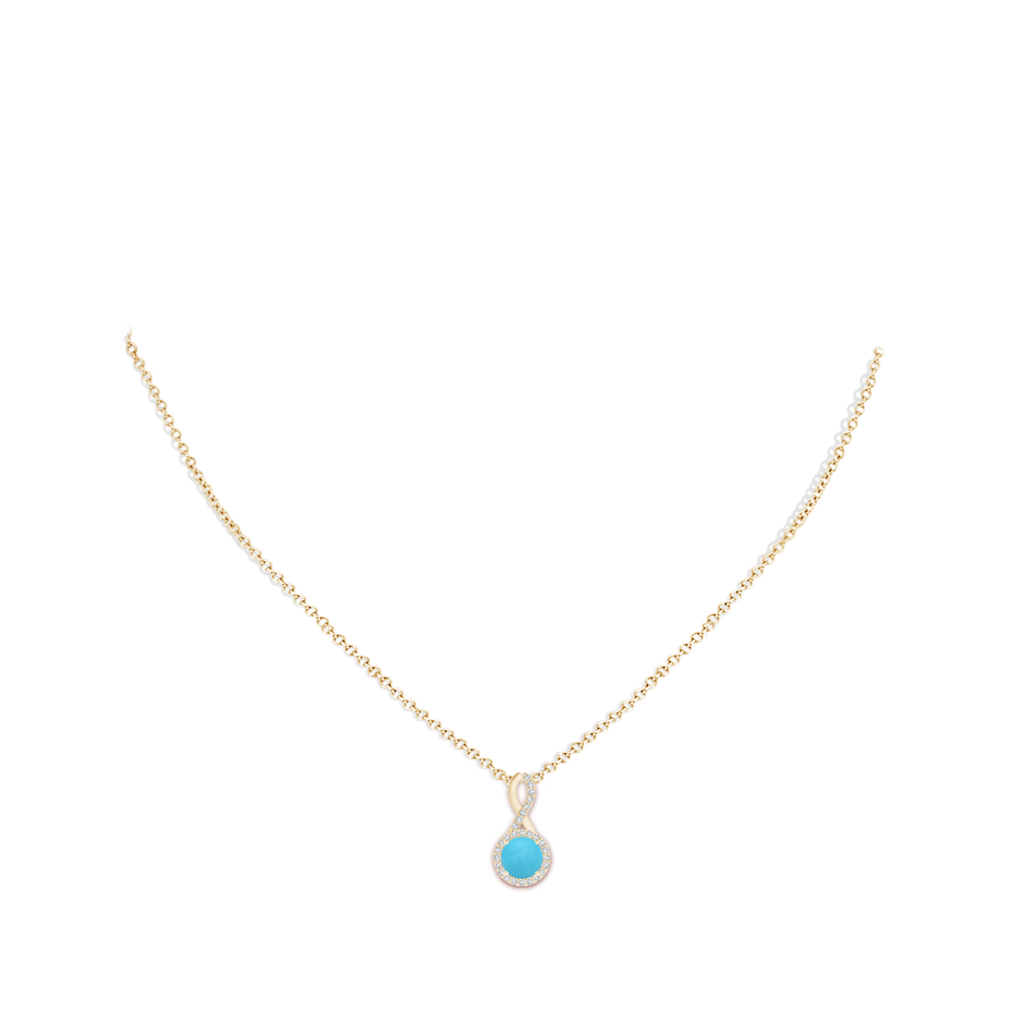 6mm AA Infinity Round Turquoise and Diamond Halo Pendant in Yellow Gold pen
