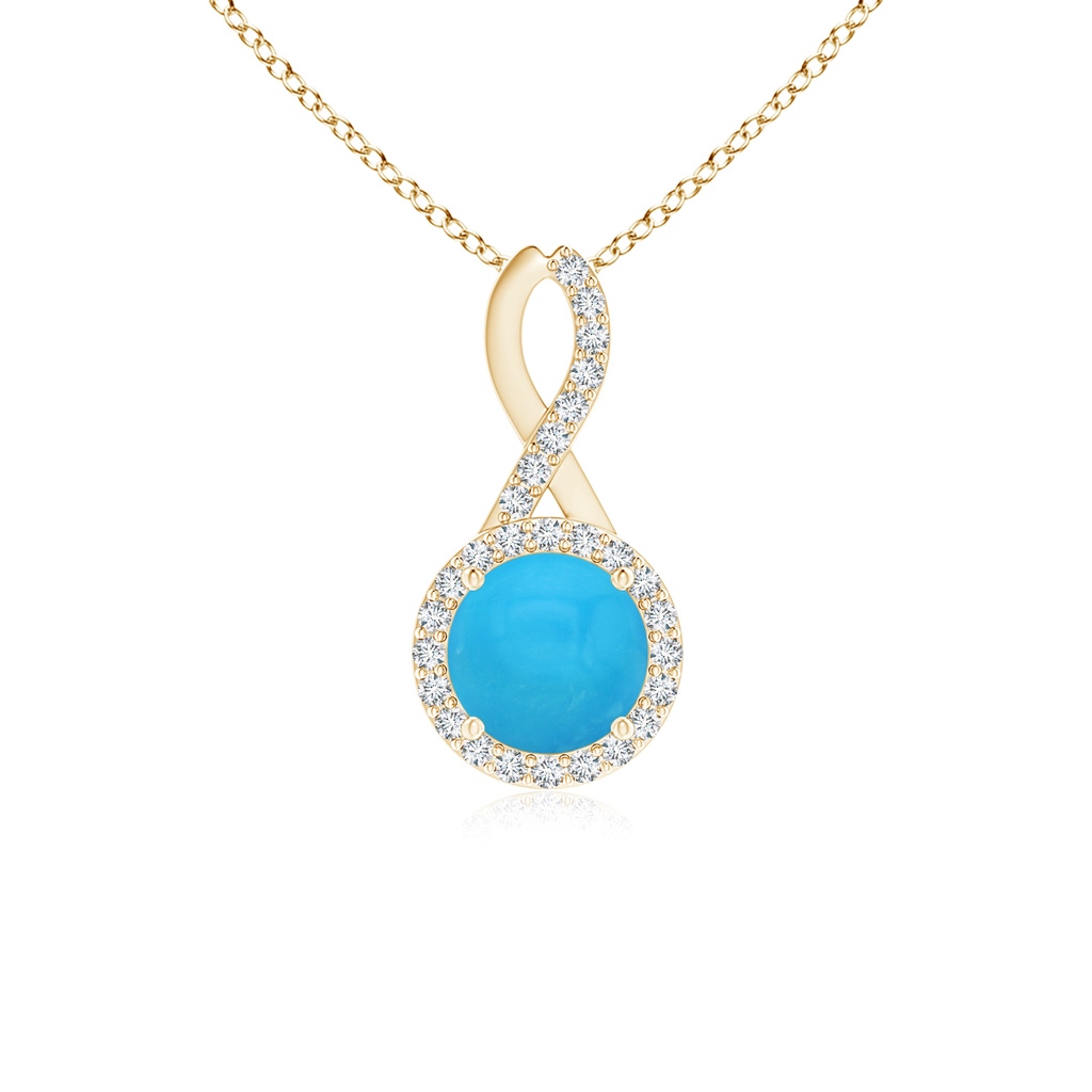 6mm AAAA Infinity Round Turquoise and Diamond Halo Pendant in Yellow Gold