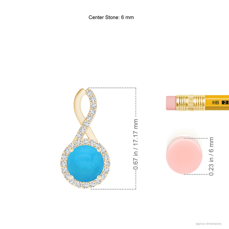 6mm AAAA Infinity Round Turquoise and Diamond Halo Pendant in Yellow Gold ruler