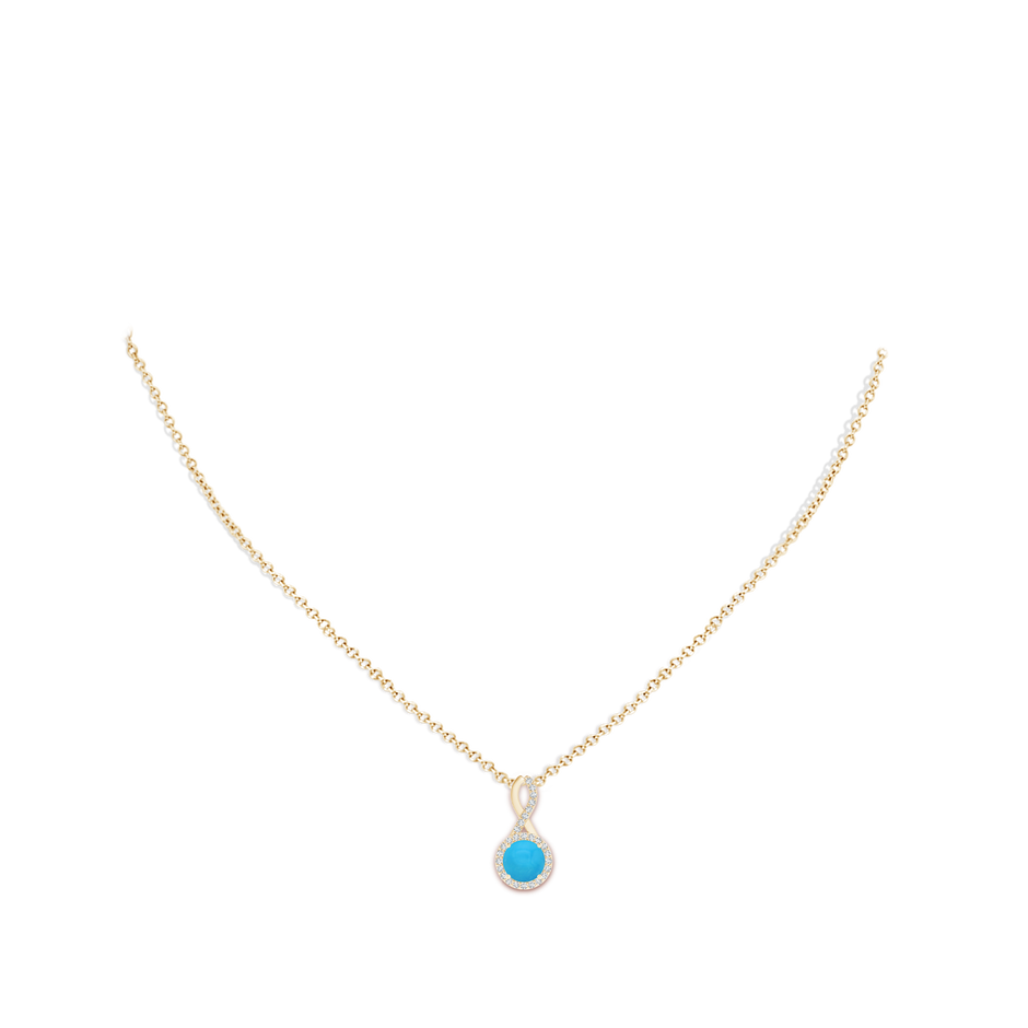 6mm AAAA Infinity Round Turquoise and Diamond Halo Pendant in Yellow Gold pen