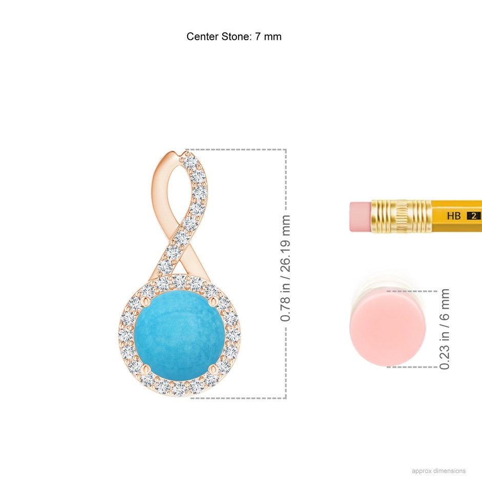 7mm A Infinity Round Turquoise and Diamond Halo Pendant in Rose Gold ruler