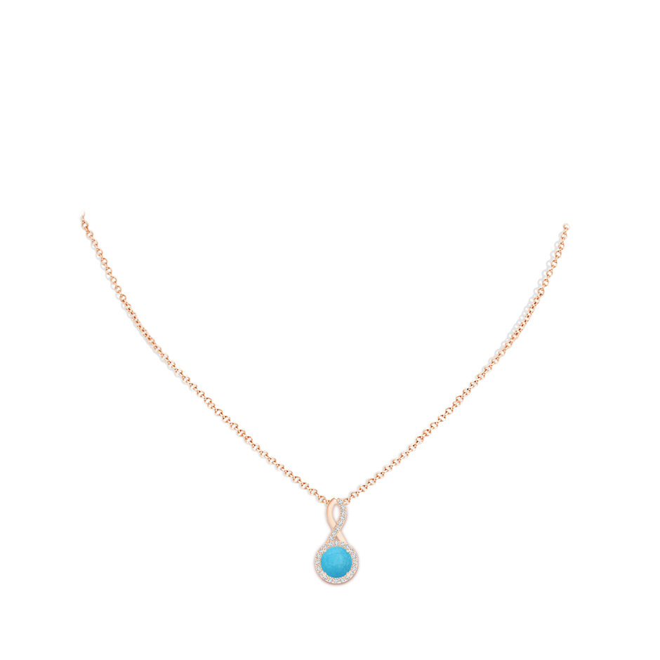 7mm A Infinity Round Turquoise and Diamond Halo Pendant in Rose Gold pen
