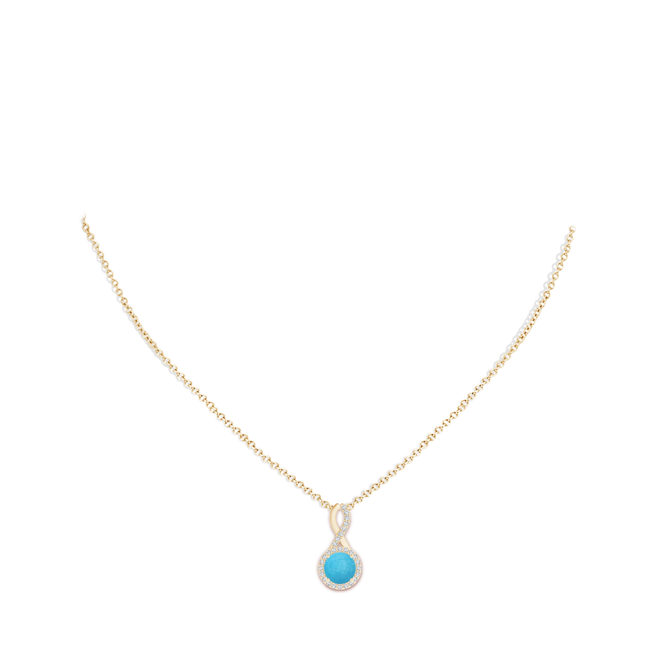 7mm A Infinity Round Turquoise and Diamond Halo Pendant in Yellow Gold pen