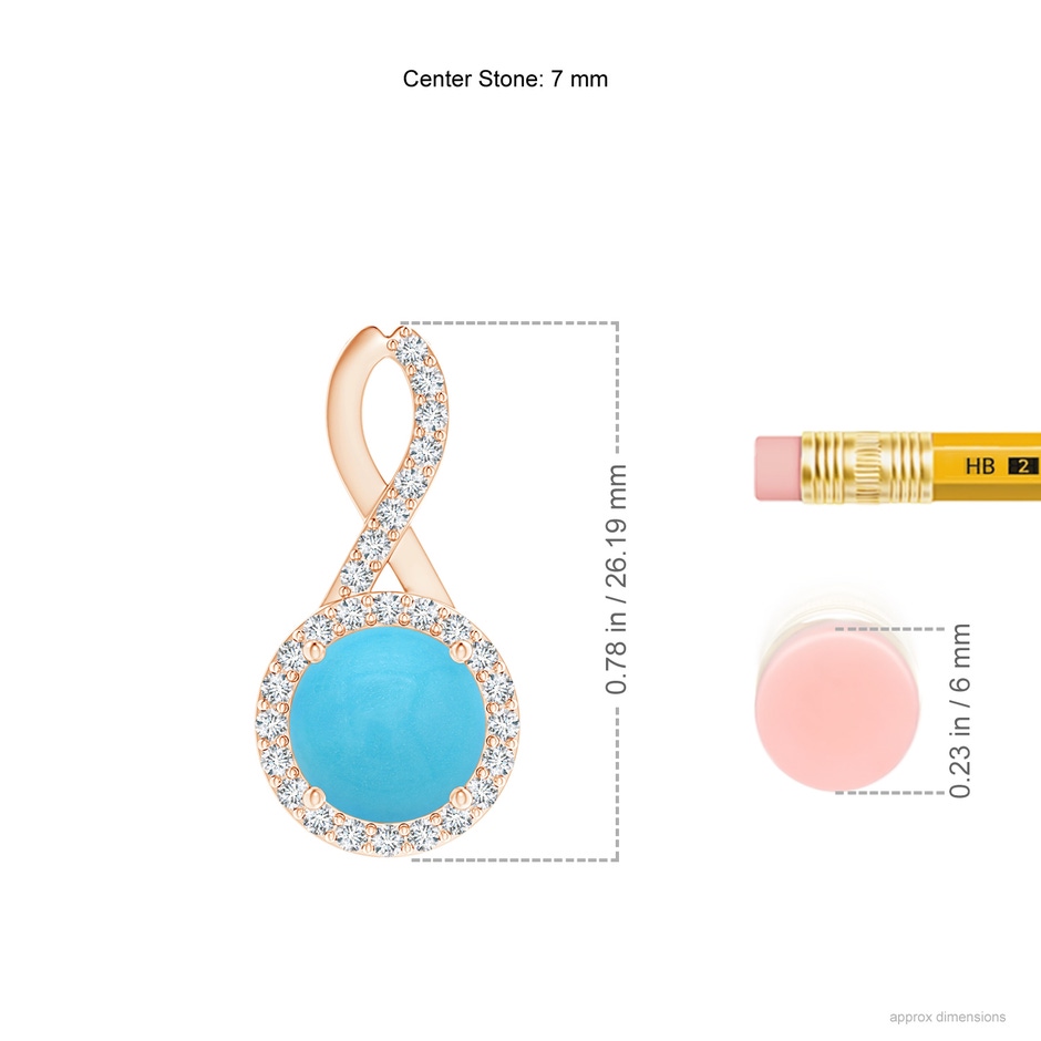 7mm AA Infinity Round Turquoise and Diamond Halo Pendant in Rose Gold ruler