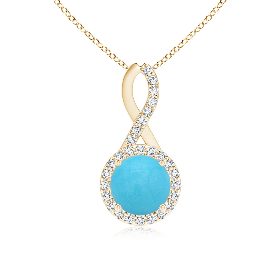 7mm AA Infinity Round Turquoise and Diamond Halo Pendant in Yellow Gold 