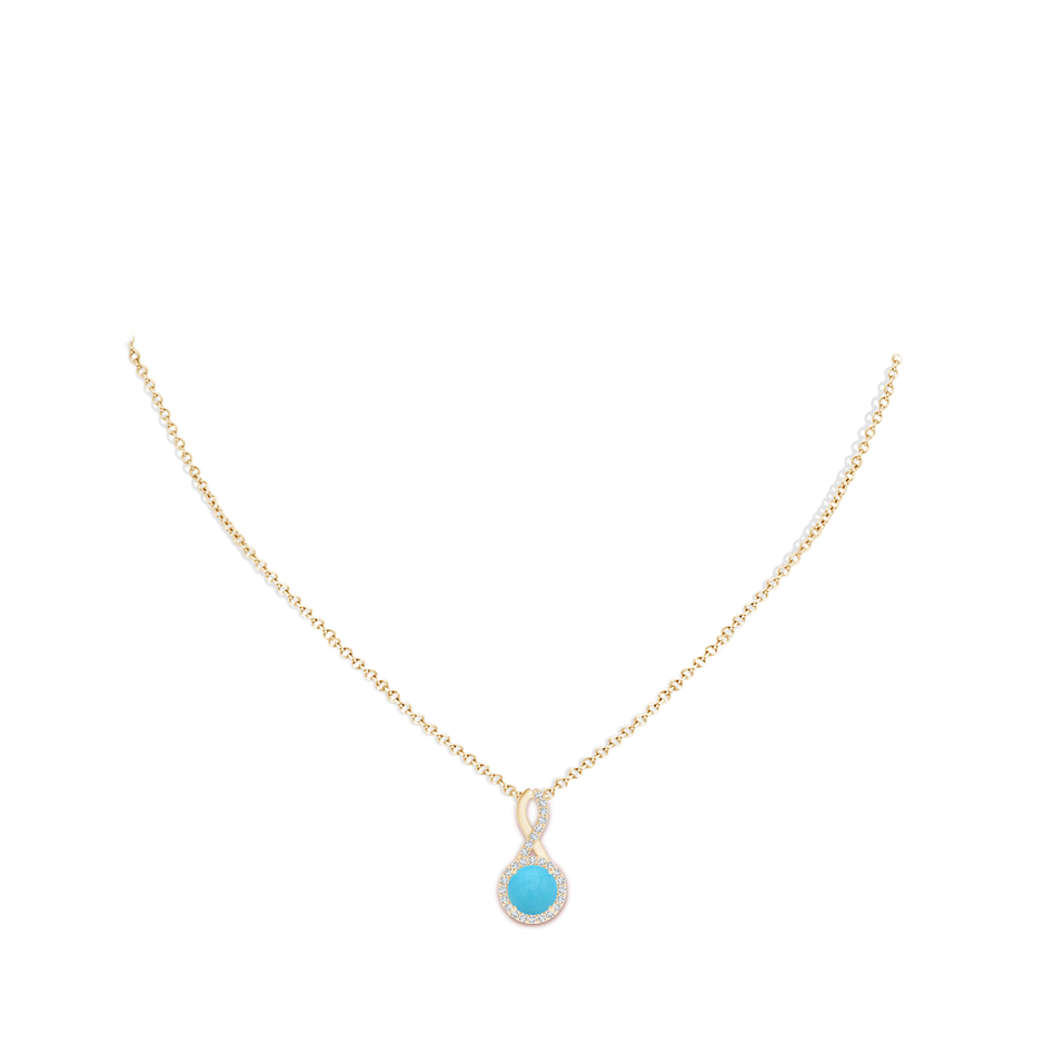 7mm AA Infinity Round Turquoise and Diamond Halo Pendant in Yellow Gold pen