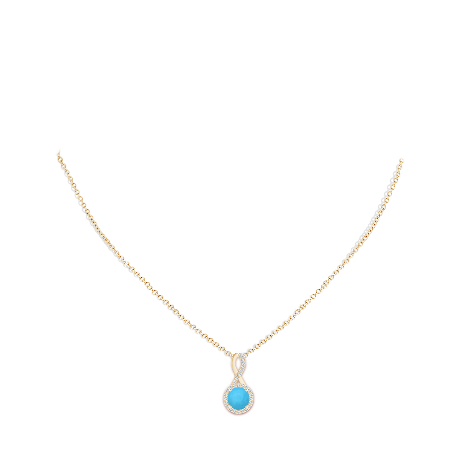 7mm AAA Infinity Round Turquoise and Diamond Halo Pendant in Yellow Gold pen