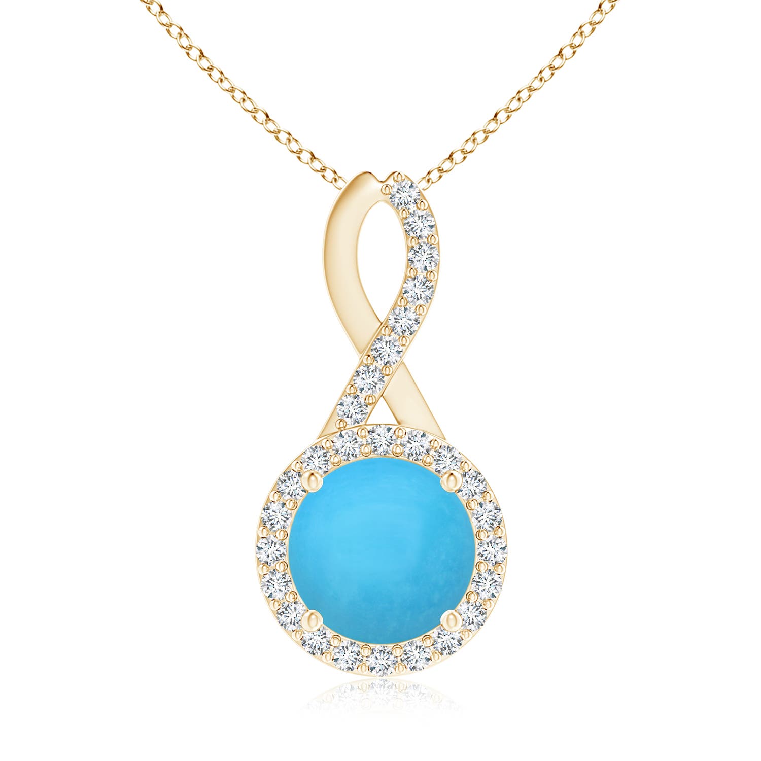 8mm AAA Infinity Round Turquoise and Diamond Halo Pendant in 18K Yellow Gold