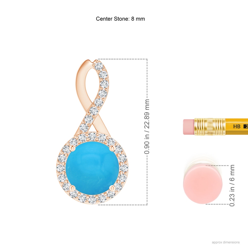 8mm AAAA Infinity Round Turquoise and Diamond Halo Pendant in Rose Gold ruler