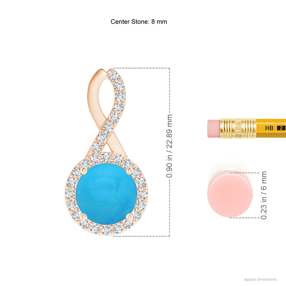 8mm AAAA Infinity Round Turquoise and Diamond Halo Pendant in Rose Gold ruler