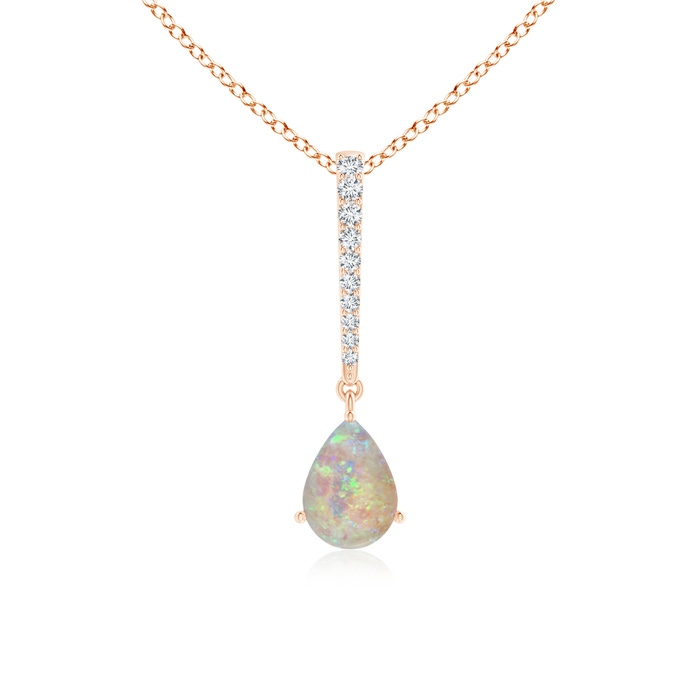 7x5mm AAAA Opal Solitaire Long Drop Pendant with Diamond Studded Bale in Rose Gold