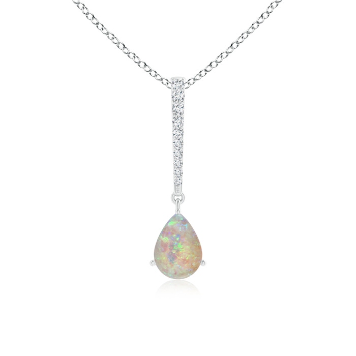 7x5mm AAAA Opal Solitaire Long Drop Pendant with Diamond Studded Bale in S999 Silver