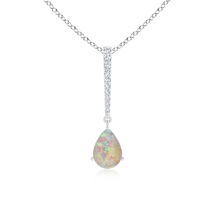 7x5mm AAAA Opal Solitaire Long Drop Pendant with Diamond Studded Bale in White Gold