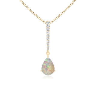 7x5mm AAAA Opal Solitaire Long Drop Pendant with Diamond Studded Bale in Yellow Gold