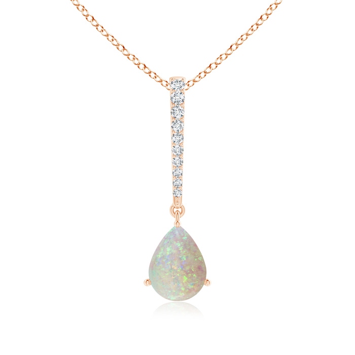 8x6mm AAA Opal Solitaire Long Drop Pendant with Diamond Studded Bale in Rose Gold 