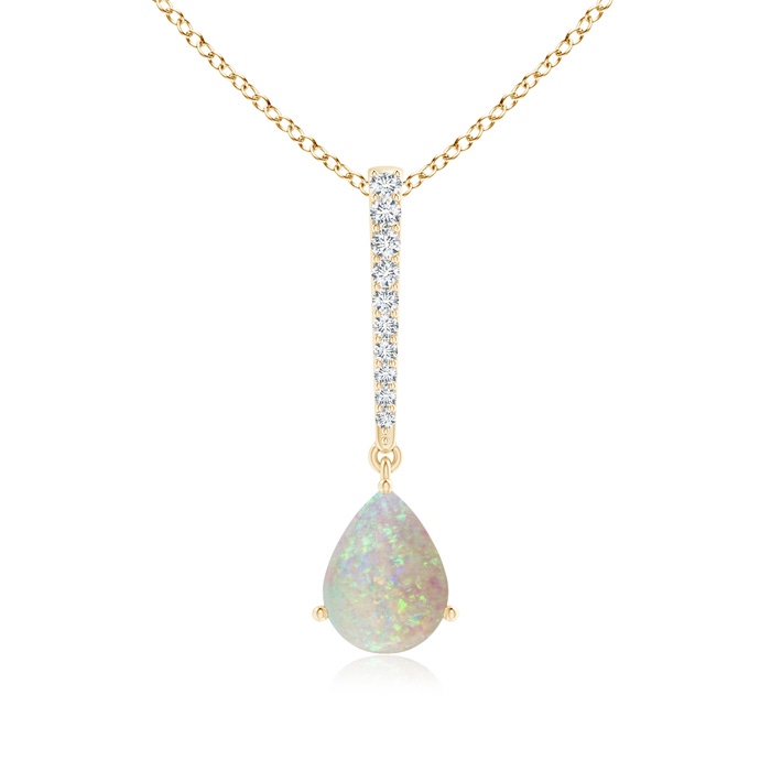 8x6mm AAA Opal Solitaire Long Drop Pendant with Diamond Studded Bale in Yellow Gold 