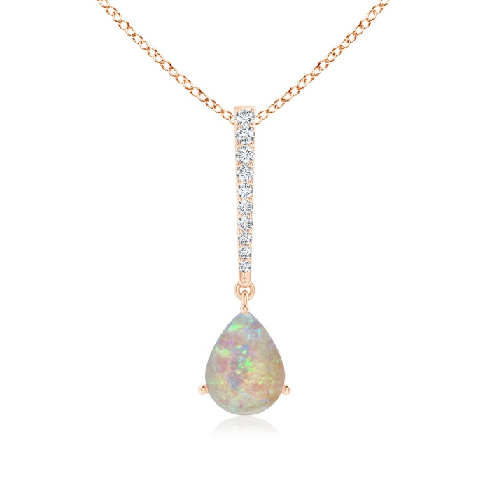8x6mm AAAA Opal Solitaire Long Drop Pendant with Diamond Studded Bale in Rose Gold 