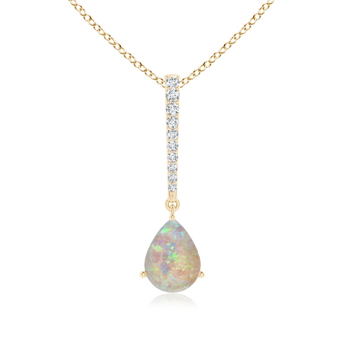 8x6mm AAAA Opal Solitaire Long Drop Pendant with Diamond Studded Bale in Yellow Gold 
