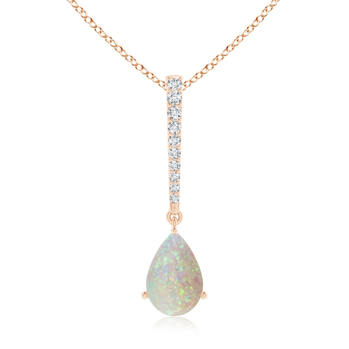 9x6mm AAA Opal Solitaire Long Drop Pendant with Diamond Studded Bale in Rose Gold 